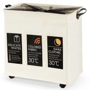 120L 3-Section Laundry Hamper Sorter with Wheels and Mesh Cover-Beige 120L 3-Section Laundry Hamper Sorter with Wheels and Mesh Cover-Beige