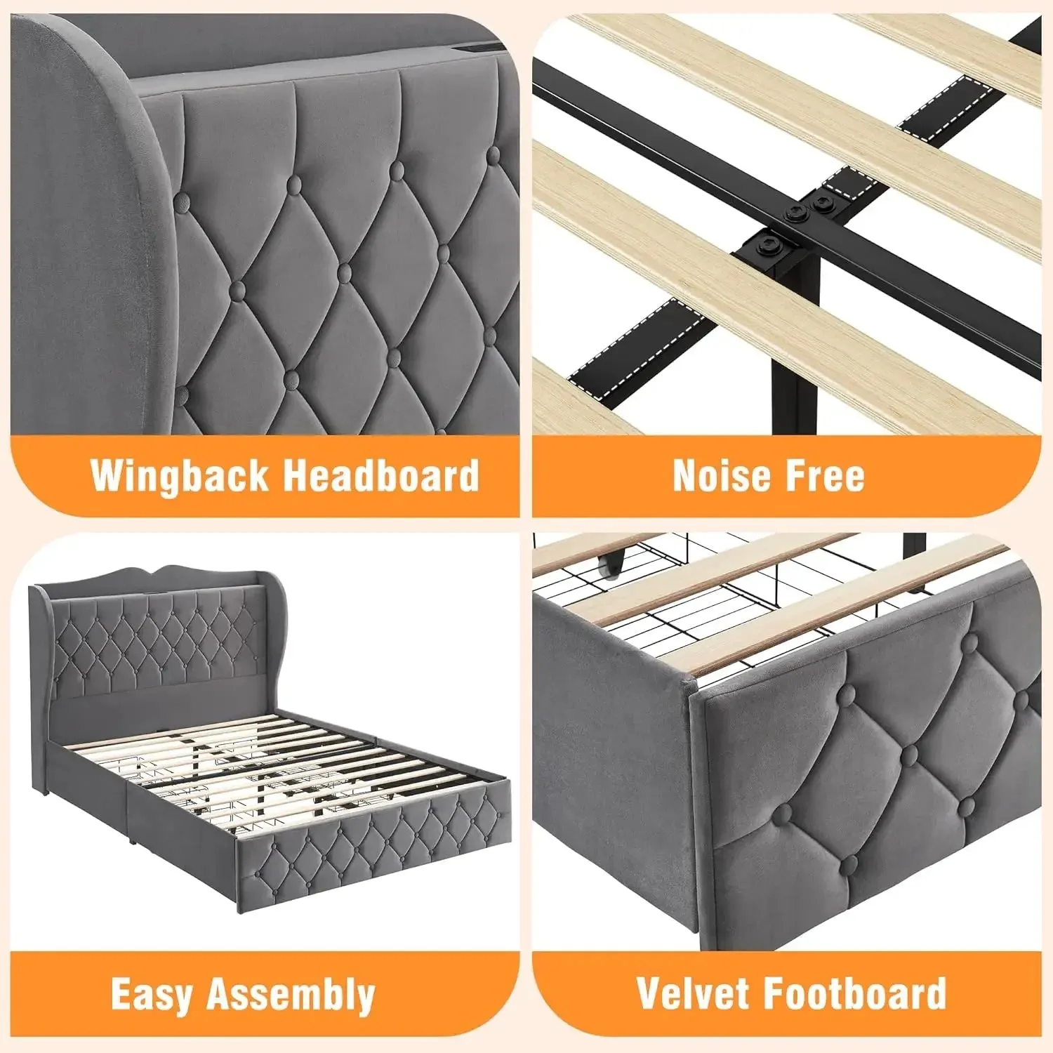 Bed Frame, 4 Storage Drawers and Charging Station Velvet Upholstered Bed with Tall Headboard and Storage Shelf, Bedroom Furnture