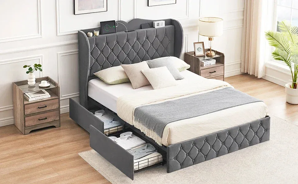 Bed Frame, 4 Storage Drawers and Charging Station Velvet Upholstered Bed with Tall Headboard and Storage Shelf, Bedroom Furnture