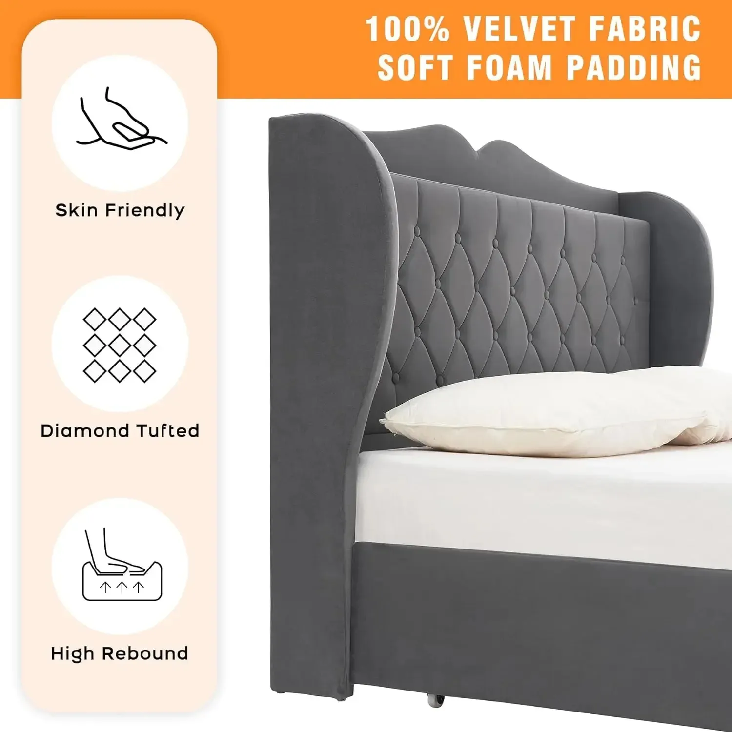 Bed Frame, 4 Storage Drawers and Charging Station Velvet Upholstered Bed with Tall Headboard and Storage Shelf, Bedroom Furnture