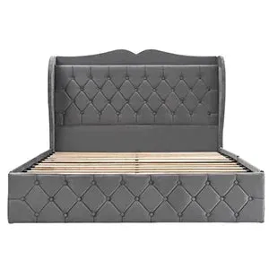 Bed Frame, 4 Storage Drawers and Charging Station Velvet Upholstered Bed with Tall Headboard and Storage Shelf, Bedroom Furnture