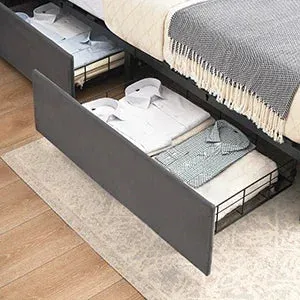 Bed Frame, 4 Storage Drawers and Charging Station Velvet Upholstered Bed with Tall Headboard and Storage Shelf, Bedroom Furnture