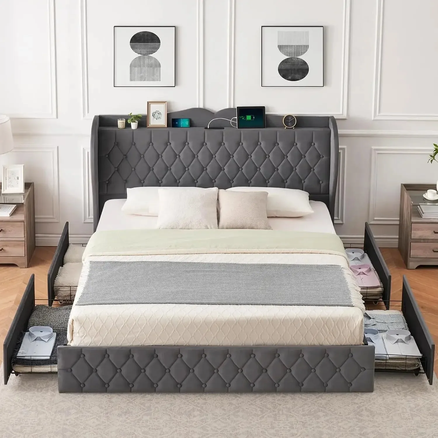 Bed Frame, 4 Storage Drawers and Charging Station Velvet Upholstered Bed with Tall Headboard and Storage Shelf, Bedroom Furnture