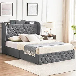 Bed Frame, 4 Storage Drawers and Charging Station Velvet Upholstered Bed with Tall Headboard and Storage Shelf, Bedroom Furnture