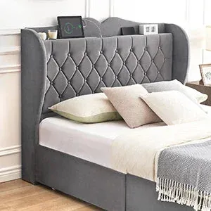 Bed Frame, 4 Storage Drawers and Charging Station Velvet Upholstered Bed with Tall Headboard and Storage Shelf, Bedroom Furnture