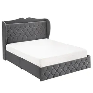 Bed Frame, 4 Storage Drawers and Charging Station Velvet Upholstered Bed with Tall Headboard and Storage Shelf, Bedroom Furnture
