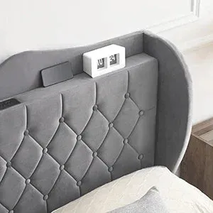Bed Frame, 4 Storage Drawers and Charging Station Velvet Upholstered Bed with Tall Headboard and Storage Shelf, Bedroom Furnture