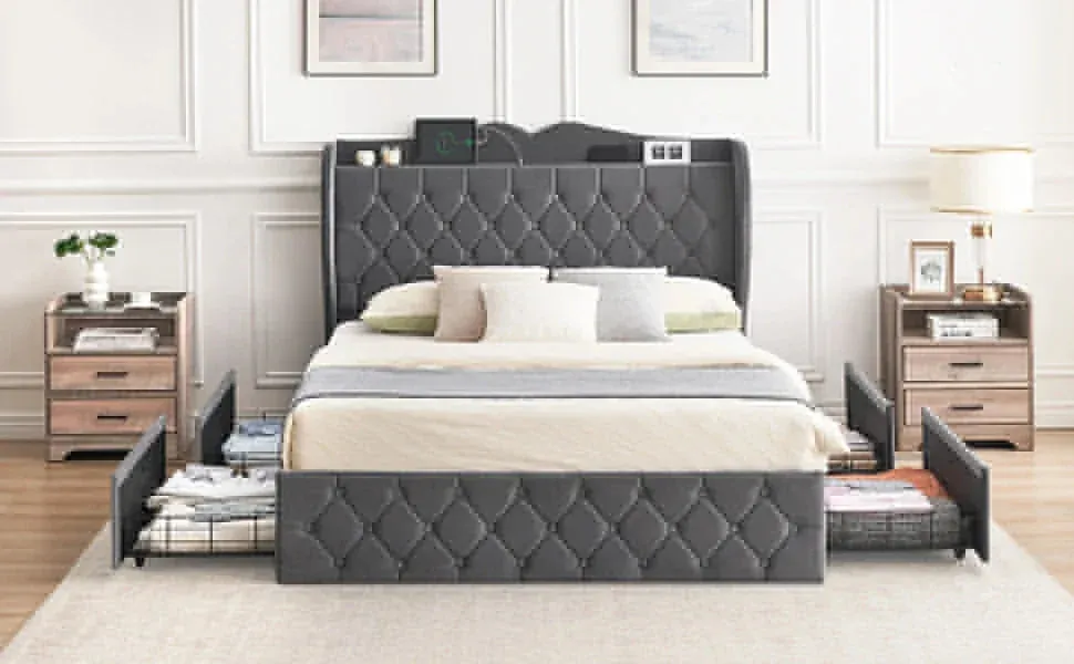 Bed Frame, 4 Storage Drawers and Charging Station Velvet Upholstered Bed with Tall Headboard and Storage Shelf, Bedroom Furnture