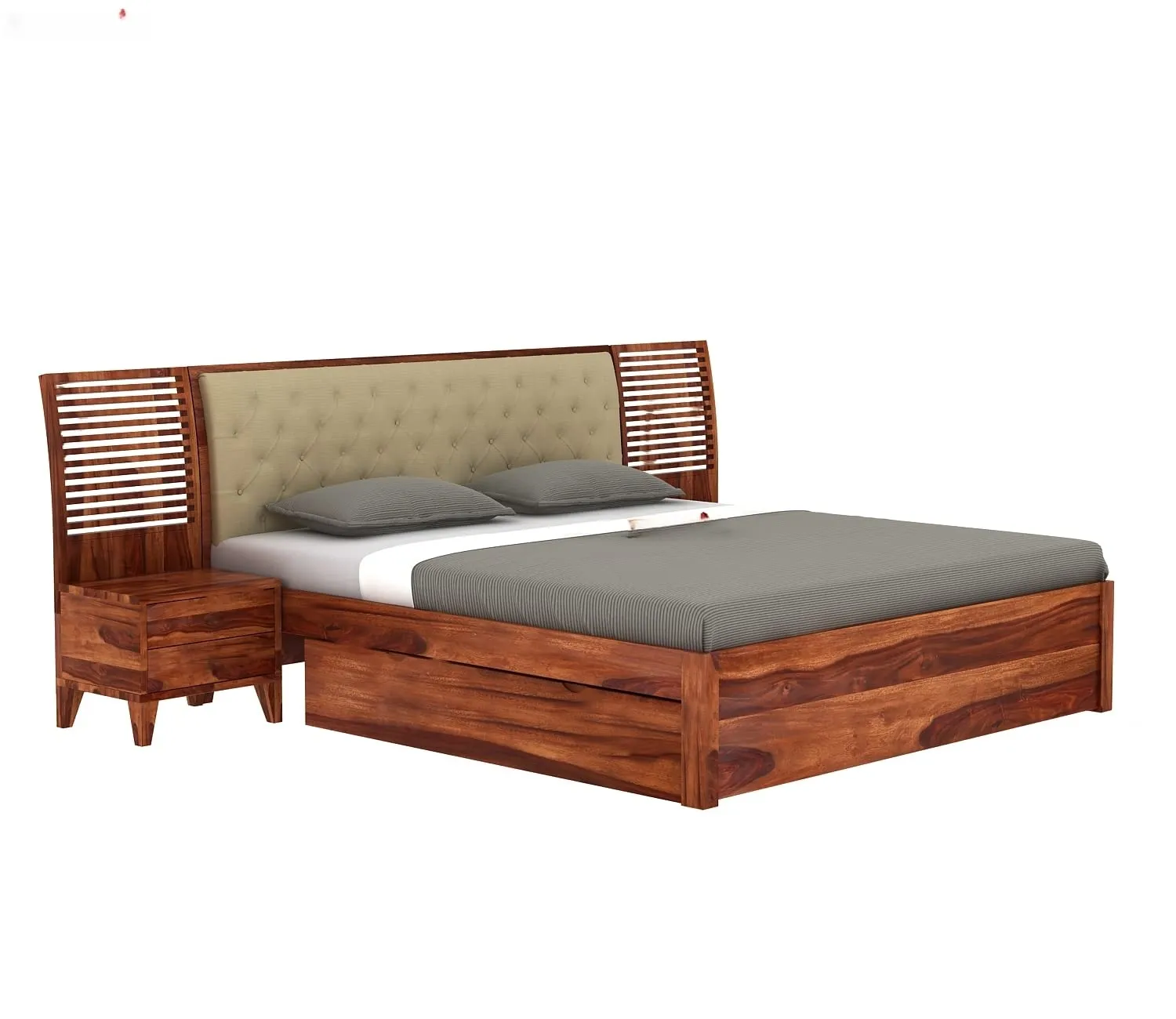 Budhakish Solid Sheesham Wood Queen Size Bed with Set of 2 Bedside Table | Wooden Double Bed Cot Bed with 2 Drawer Storage & Upholstered Cushioned Headboard for Bedroom | 6.5 X 5 FT, Honey Finish