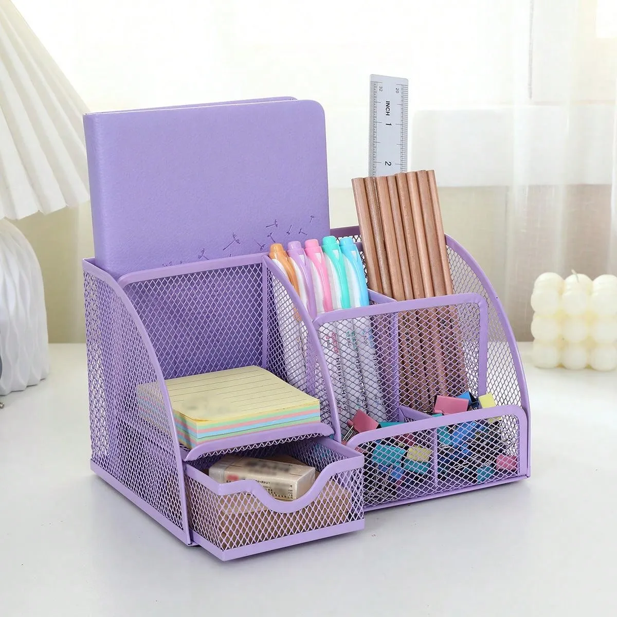 Desk Drawer Organizer, Classic Mesh Drawer, Metal Pen Holder, Large Space, Multipurpose Desk Organizer For Office, Home, School Supplies (lilac 1 Pack)