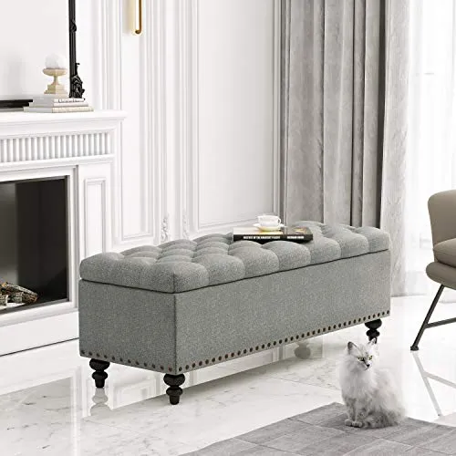 HUIMO 51-inch Storage Ottoman Bench with Button-Tufted, Ottoman with Storage, Bedroom Bench Safety Hinge Ottoman in Upholstered Fabrics, Large Storage Bench for Bedroom, Living Room (Grey-Tray)