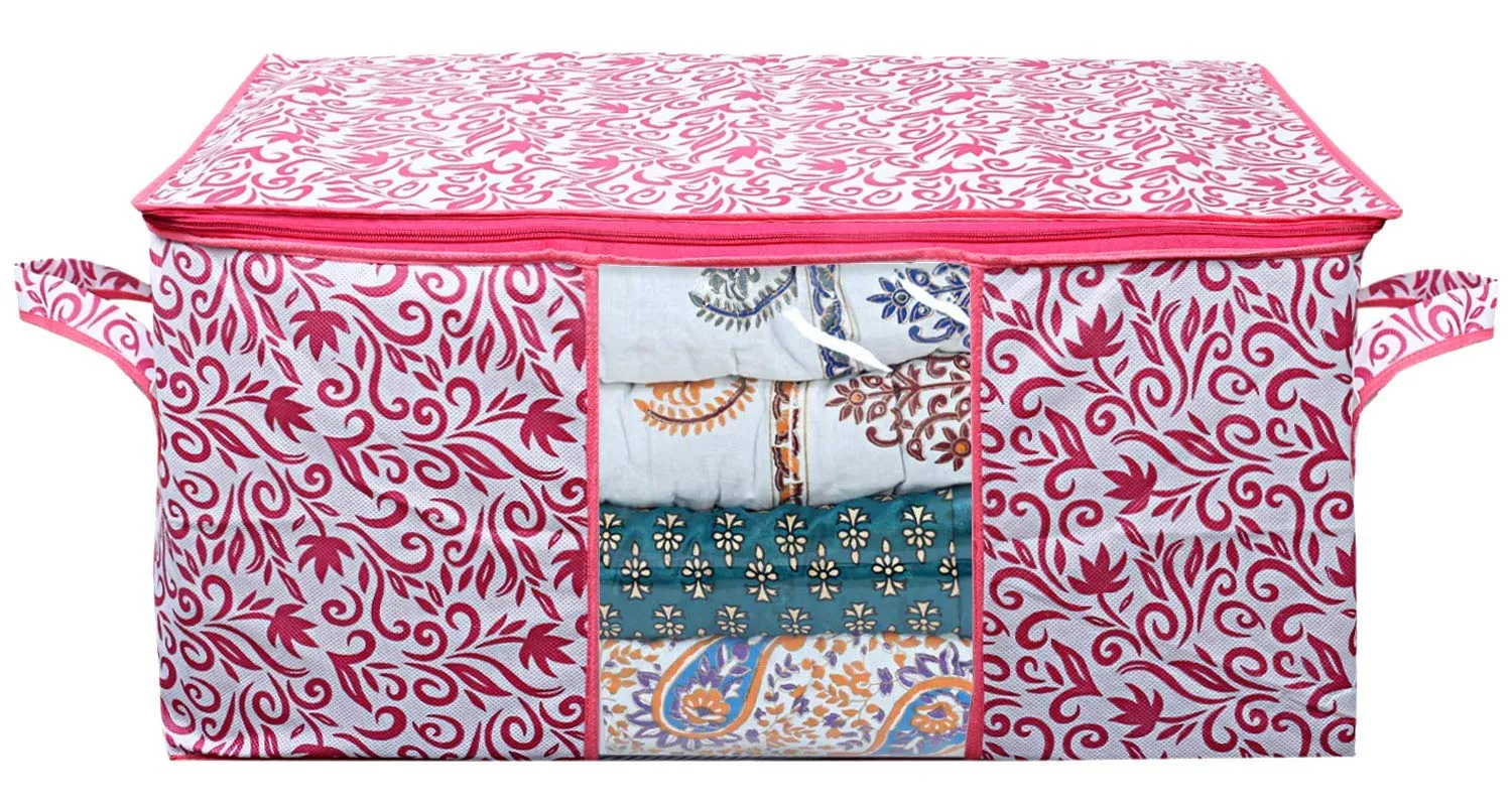 Kuber Industries Leaf Design 3 Piece Non Woven Underbed Storage Bag, Storage Organiser, Blanket Cover with Transparent Window, Extra Large, Pink -CTKTC034488