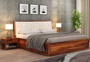 Module Design Solid Sheesham Wood Double Bed with Storage | Wooden Double Bed Cot Bed with Box Storage & White Upholstered Cushioned Headboard for Bedroom | 6.5 X 4 FT, Teak Finish Module Design Solid Sheesham Wood Double Bed with Storage | Wooden Double Bed Cot Bed with Box Storage & White Upholstered Cushioned Headboard for Bedroom | 6.5 X 4 FT, Teak Finish