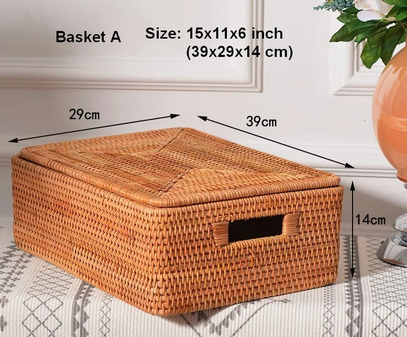 Rectangular Storage Basket with Lid, Rattan Basket, Storage Basket for Shelves, Storage Baskets for Bathroom, Bedroom Storage Baskets
