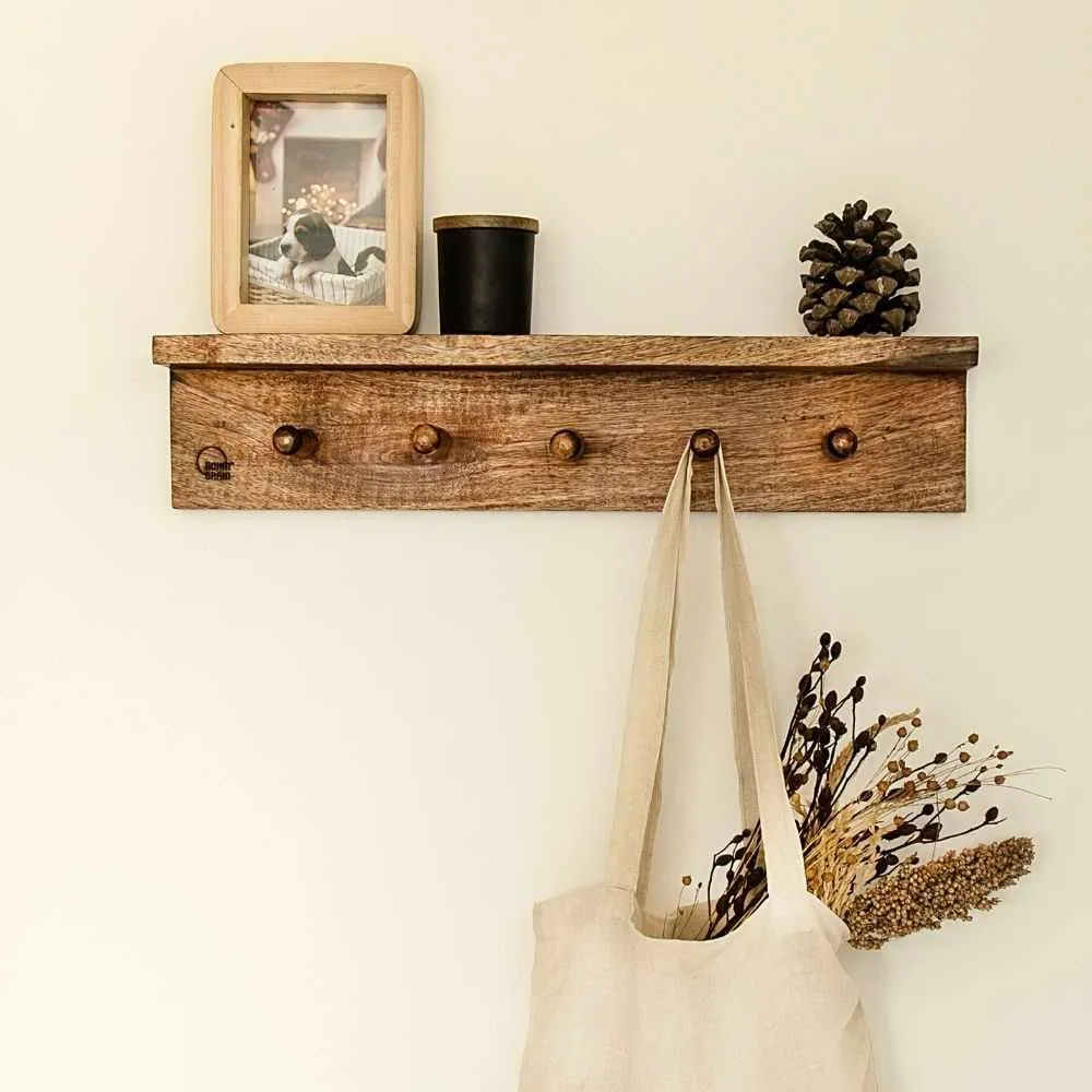 Shelf-Cum-Coat Hanger | Seasoned Mango Wood | Smart Home Utility | 24 Inches