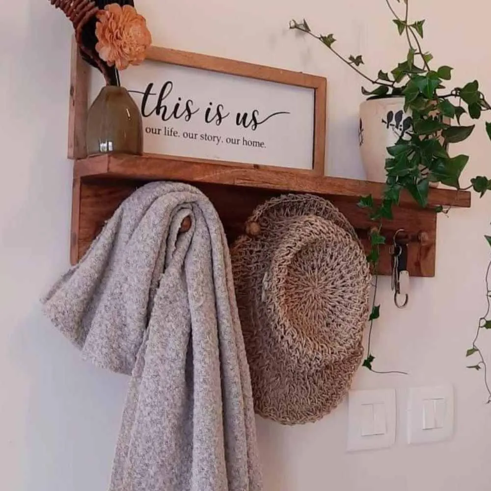 Shelf-Cum-Coat Hanger | Seasoned Mango Wood | Smart Home Utility | 24 Inches