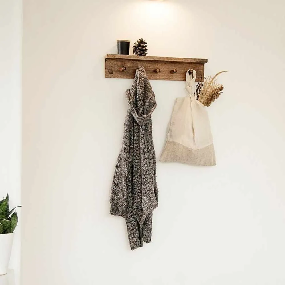 Shelf-Cum-Coat Hanger | Seasoned Mango Wood | Smart Home Utility | 24 Inches