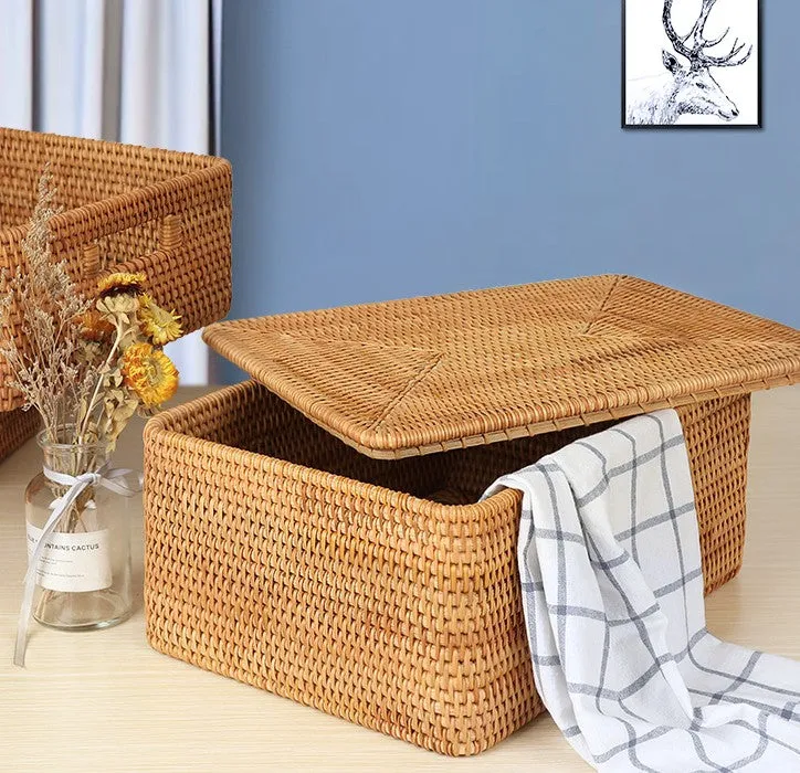Woven Storage Baskets, Rectangular Storage Basket with Lid, Large Storage Basket for Clothes, Storage Baskets for Shelves, Kitchen Storage Baskets