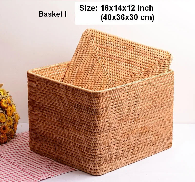 Woven Storage Baskets, Rectangular Storage Basket with Lid, Large Storage Basket for Clothes, Storage Baskets for Shelves, Kitchen Storage Baskets