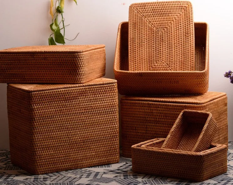 Woven Storage Baskets, Rectangular Storage Basket with Lid, Large Storage Basket for Clothes, Storage Baskets for Shelves, Kitchen Storage Baskets