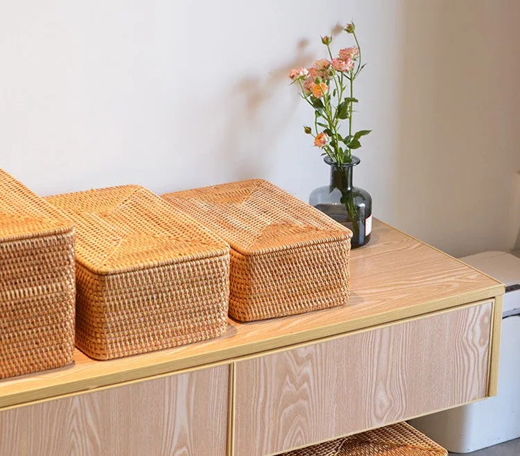 Woven Storage Baskets, Rectangular Storage Basket with Lid, Large Storage Basket for Clothes, Storage Baskets for Shelves, Kitchen Storage Baskets