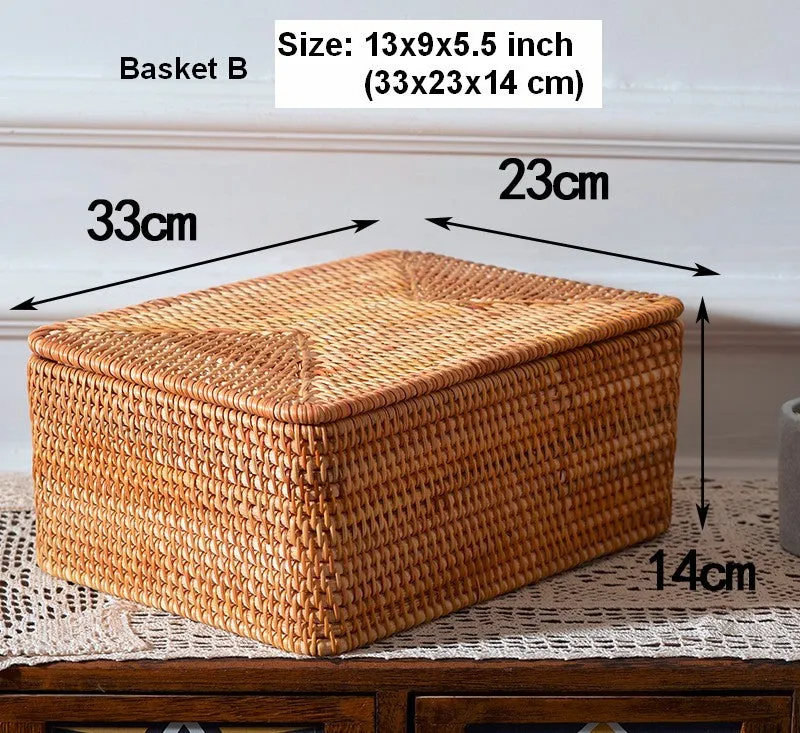 Woven Storage Baskets, Rectangular Storage Basket with Lid, Large Storage Basket for Clothes, Storage Baskets for Shelves, Kitchen Storage Baskets