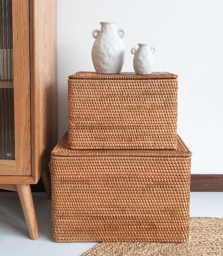 Woven Storage Baskets, Rectangular Storage Basket with Lid, Large Storage Basket for Clothes, Storage Baskets for Shelves, Kitchen Storage Baskets