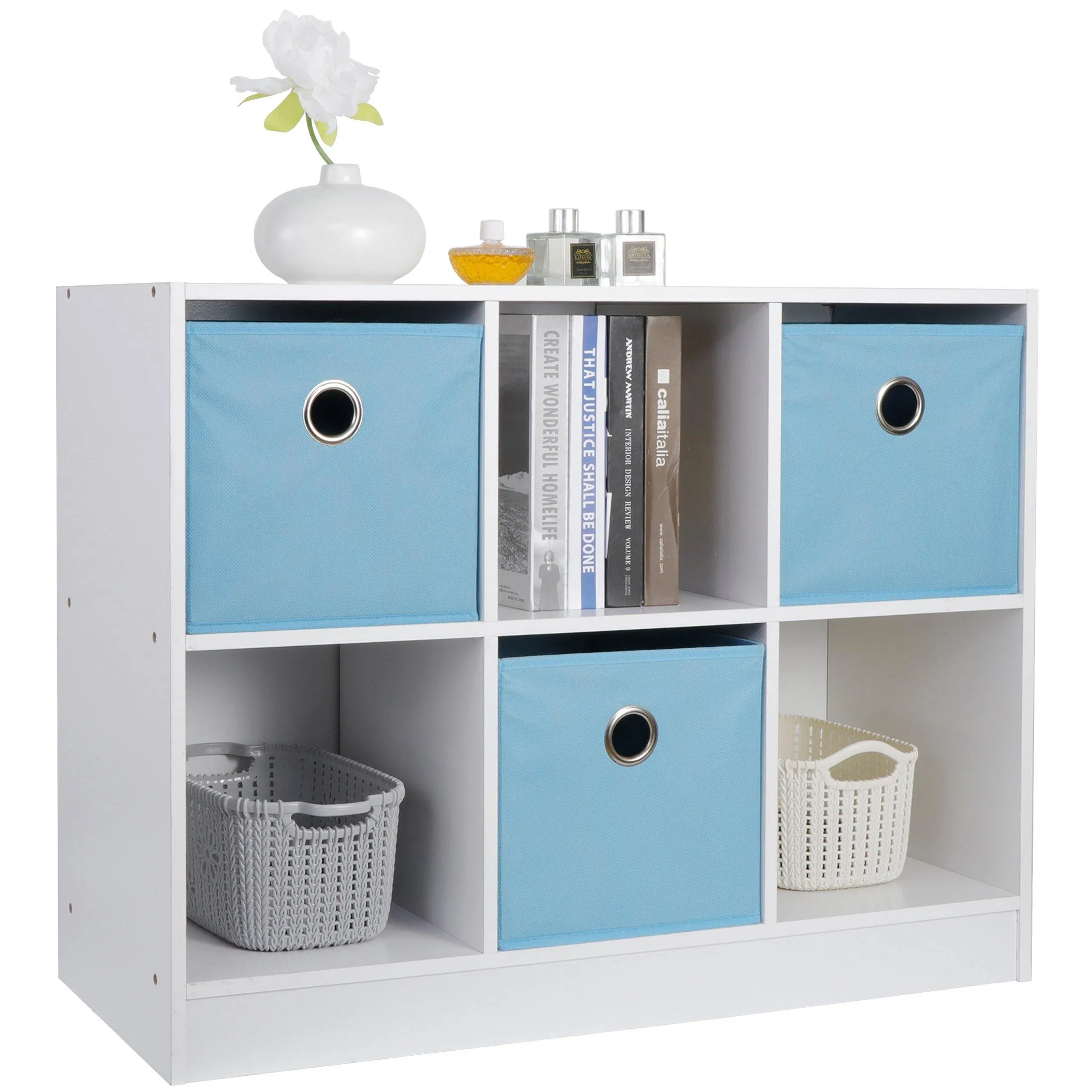 ZENY™ 6 Cubes Storage Cabinet - Wooden Organizer Storage Shelves Bookcase with 3 Non-Woven Drawers